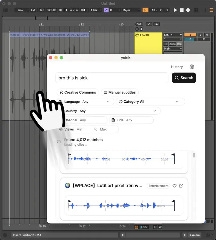 Dragging an audio clip from Yoink into Ableton Live